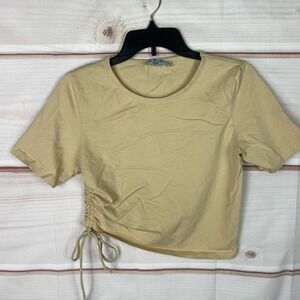 XLE The Label Top Womens M Beige Crop T-Shirt Crew Neck Short Sleeve Ruched Side